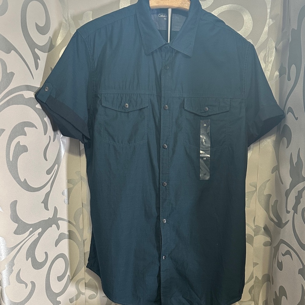 NWT Calvin Klein Dark Teal Blue Short Sleeve Shirt snap button Size M
